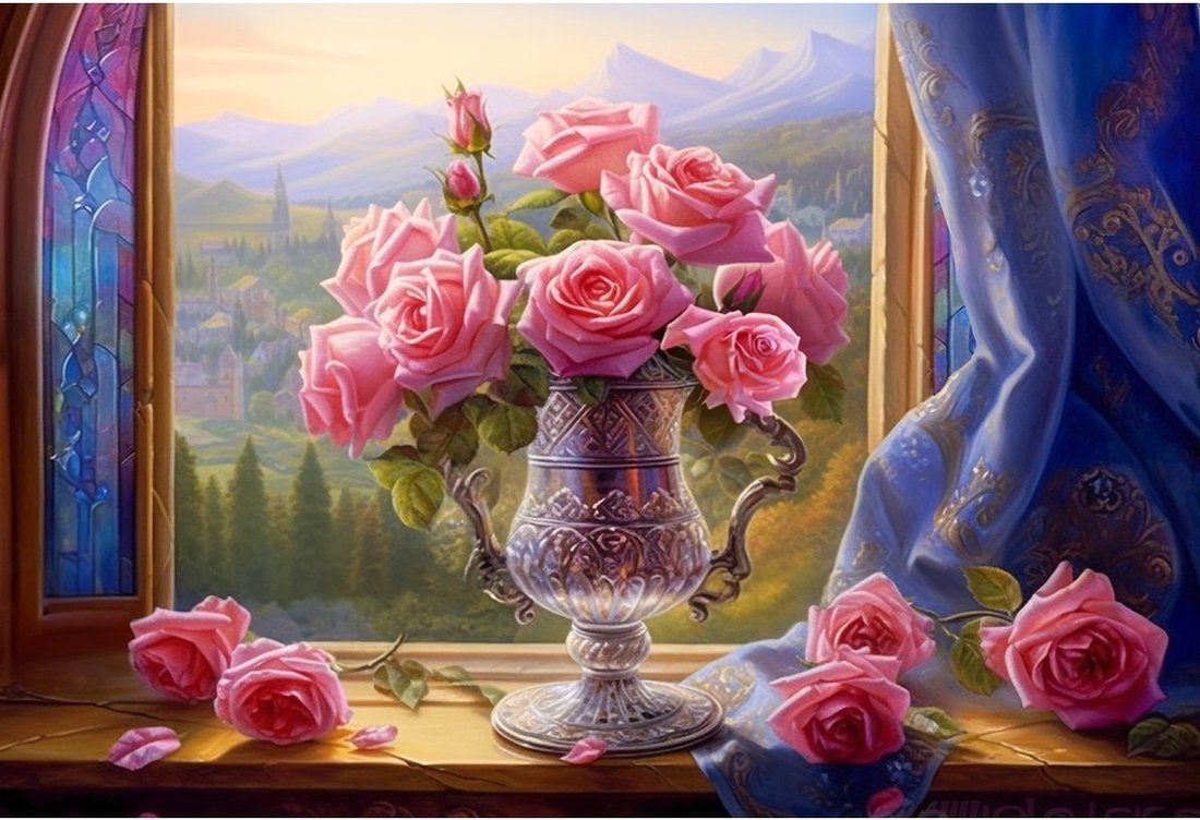 Алмазная мозаика Розы на окне, 30х40 см, 30 цв., квадр. стразы